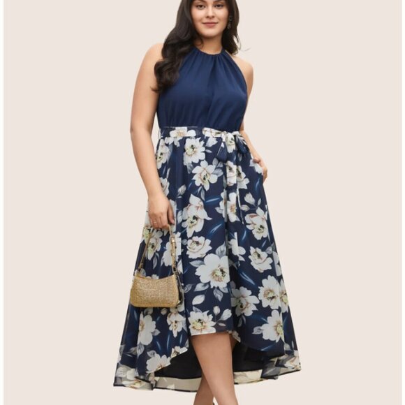 BloomChic Plus Size Floral Patchwork Halter Ties High Low Hem Dress - Picture 1 of 5